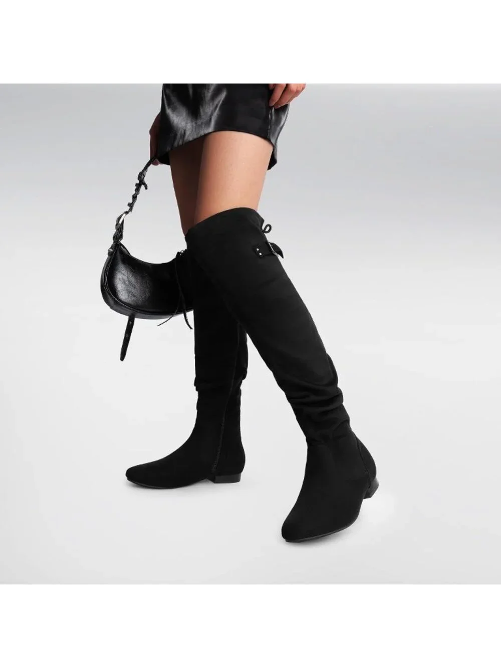 Women's Black Flat Heel Pointed Toe Slouch Over The Knee Thigh High Boots